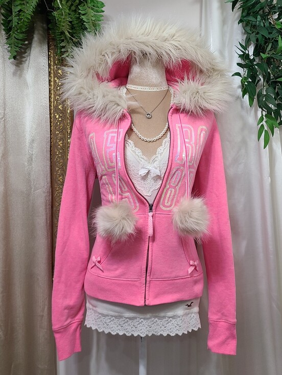 Aeropostale Tops - ♡ Y2K ♡ Aeropostale Hot Pink Fur Trim Hooded Jacket Pom-poms Sequin Logo